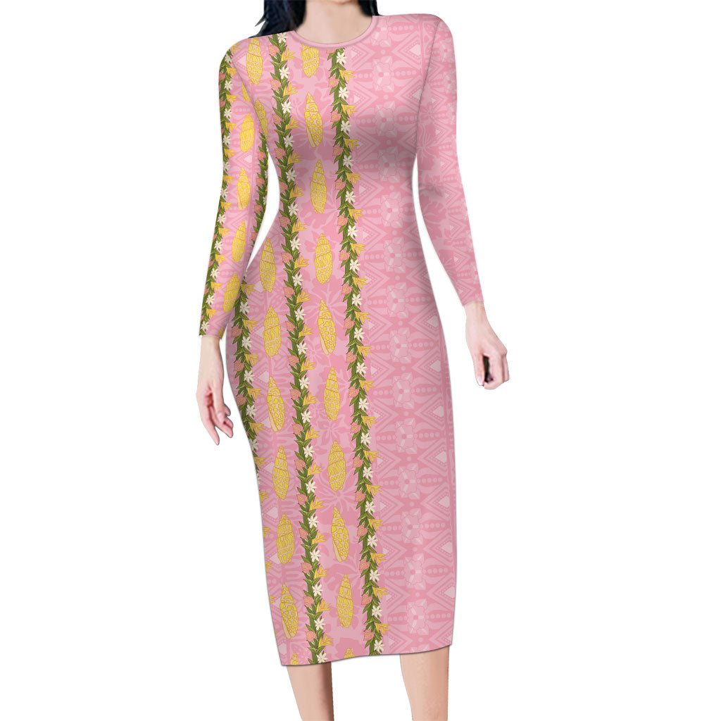Hawaii Shell Tiare Anthurium Heliconia Lei Family Matching Long Sleeve Bodycon Dress and Hawaiian Shirt With Tapa Pattern Baby Pink