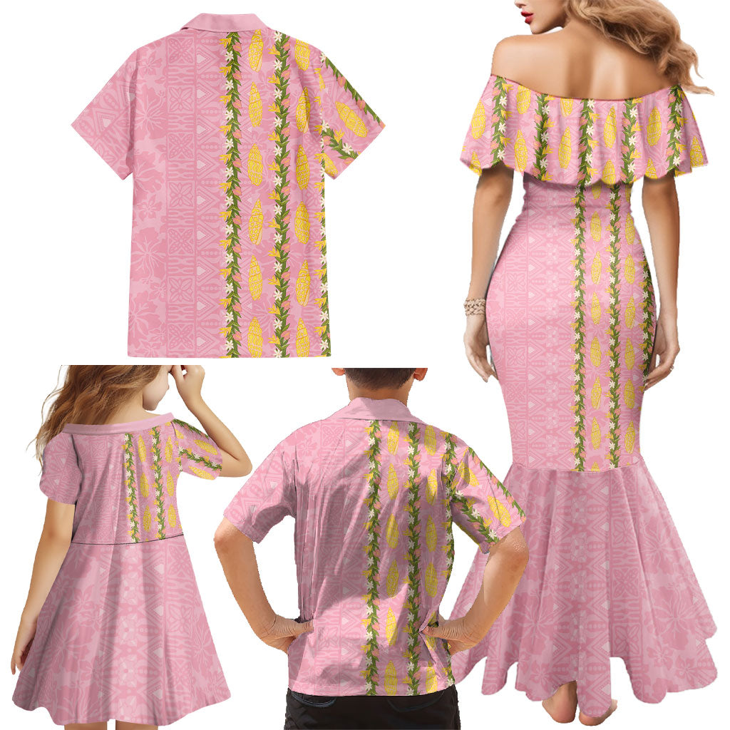 Hawaii Shell Tiare Anthurium Heliconia Lei Family Matching Mermaid Dress and Hawaiian Shirt With Tapa Pattern Baby Pink