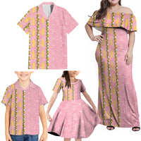 Hawaii Shell Tiare Anthurium Heliconia Lei Family Matching Off Shoulder Maxi Dress and Hawaiian Shirt With Tapa Pattern Baby Pink