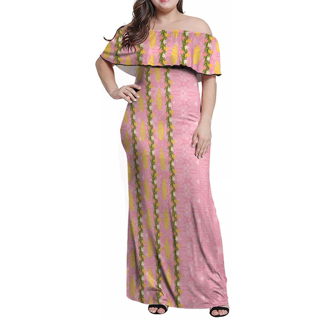 Hawaii Shell Tiare Anthurium Heliconia Lei Family Matching Off Shoulder Maxi Dress and Hawaiian Shirt With Tapa Pattern Baby Pink