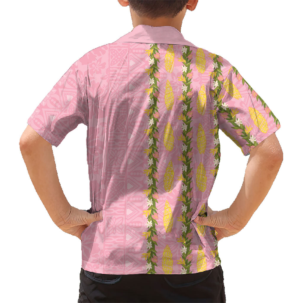 Hawaii Shell Tiare Anthurium Heliconia Lei Family Matching Off Shoulder Short Dress and Hawaiian Shirt With Tapa Pattern Baby Pink
