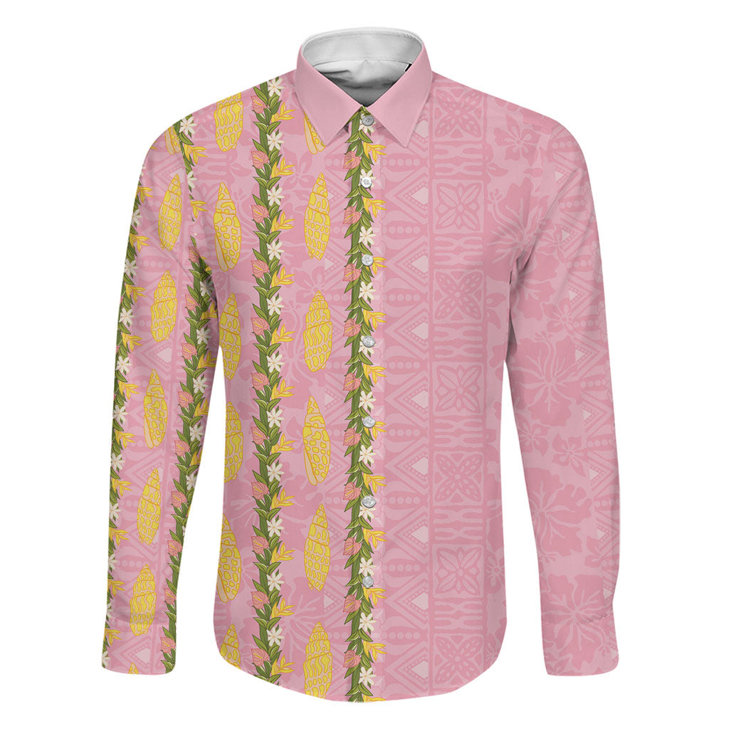 Hawaii Shell Tiare Anthurium Heliconia Lei Family Matching Off Shoulder Short Dress and Hawaiian Shirt With Tapa Pattern Baby Pink