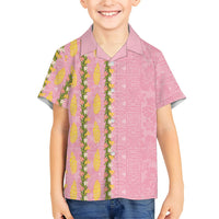 Hawaii Shell Tiare Anthurium Heliconia Lei Family Matching Off Shoulder Short Dress and Hawaiian Shirt With Tapa Pattern Baby Pink