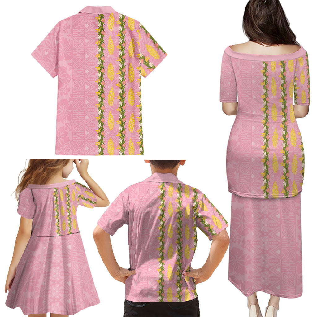 Hawaii Shell Tiare Anthurium Heliconia Lei Family Matching Puletasi and Hawaiian Shirt With Tapa Pattern Baby Pink