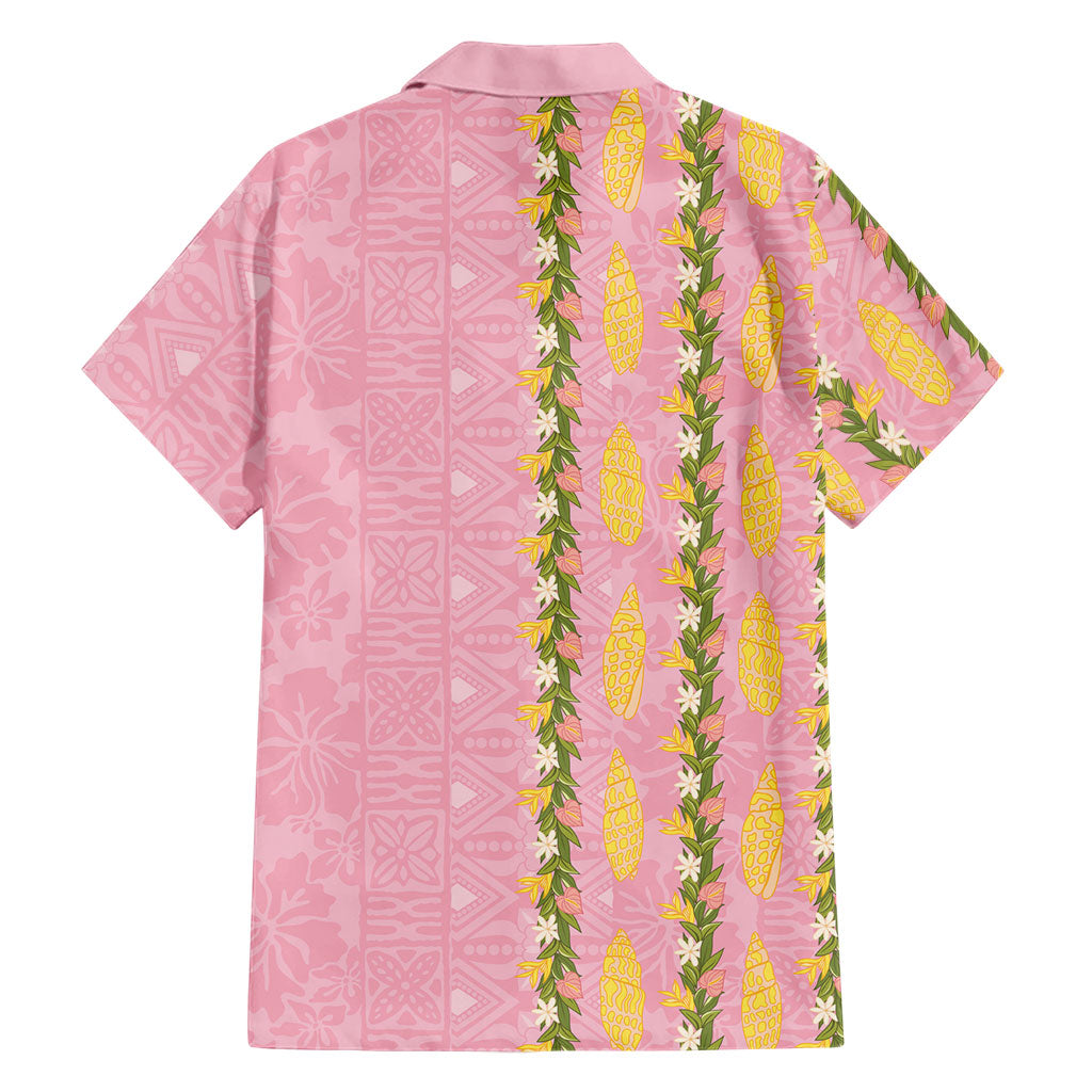 Hawaii Shell Tiare Anthurium Heliconia Lei Family Matching Puletasi and Hawaiian Shirt With Tapa Pattern Baby Pink