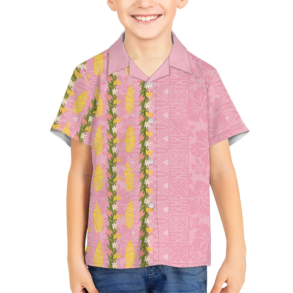 Hawaii Shell Tiare Anthurium Heliconia Lei Family Matching Puletasi and Hawaiian Shirt With Tapa Pattern Baby Pink