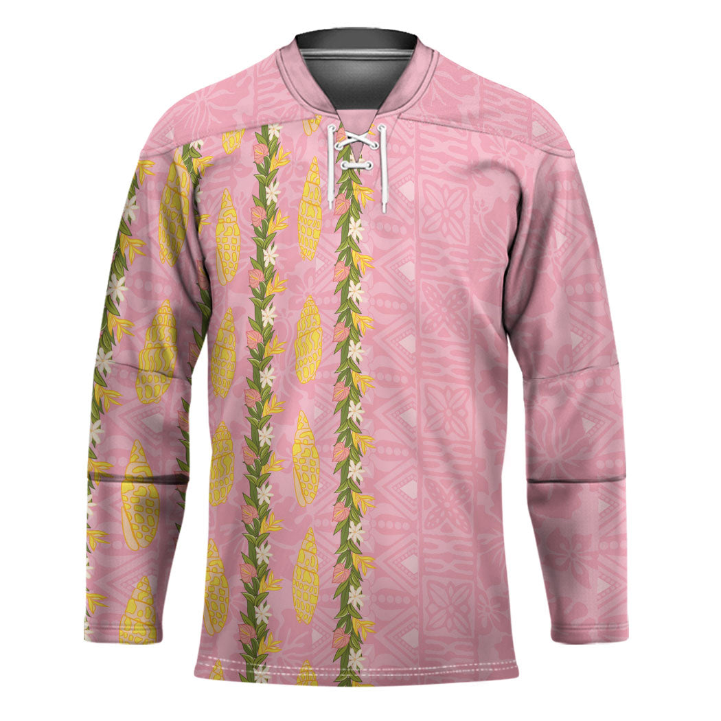 Hawaii Shell Tiare Anthurium Heliconia Lei Hockey Jersey With Tapa Pattern Baby Pink