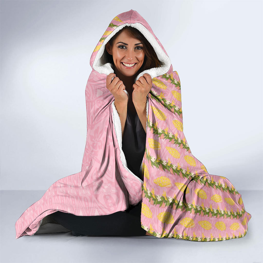 Hawaii Shell Tiare Anthurium Heliconia Lei Hooded Blanket With Tapa Pattern Baby Pink