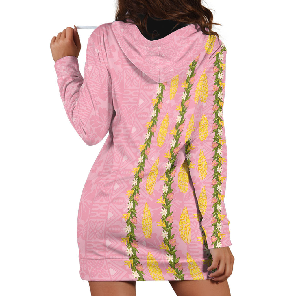 Hawaii Shell Tiare Anthurium Heliconia Lei Hoodie Dress With Tapa Pattern Baby Pink