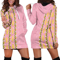 Hawaii Shell Tiare Anthurium Heliconia Lei Hoodie Dress With Tapa Pattern Baby Pink