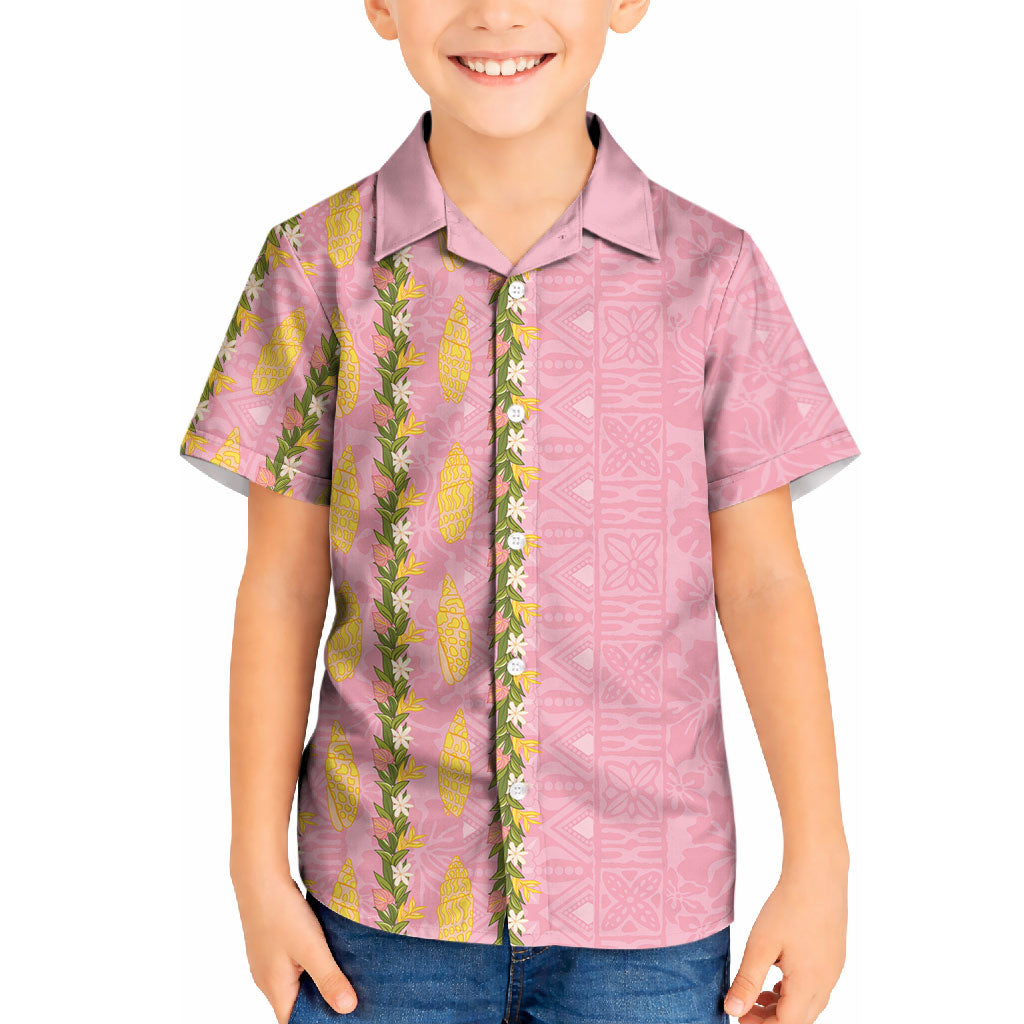 Hawaii Shell Tiare Anthurium Heliconia Lei Kid Hawaiian Shirt With Tapa Pattern Baby Pink LT05 Kid Pink - Polynesian Pride