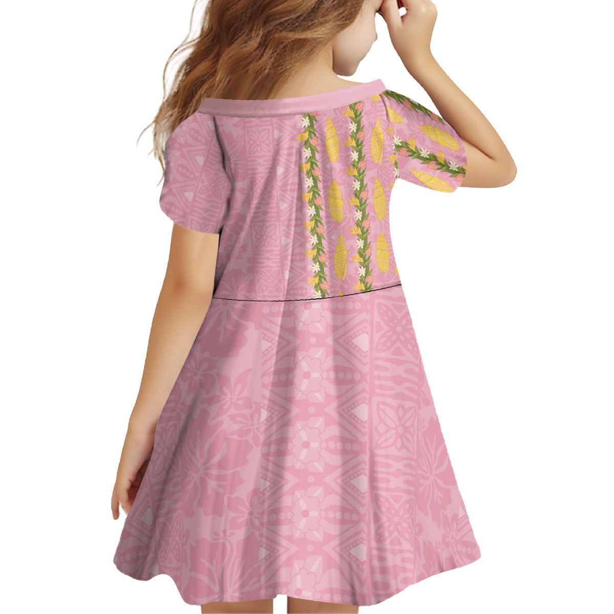 Hawaii Shell Tiare Anthurium Heliconia Lei Kid Short Sleeve Dress With Tapa Pattern Baby Pink