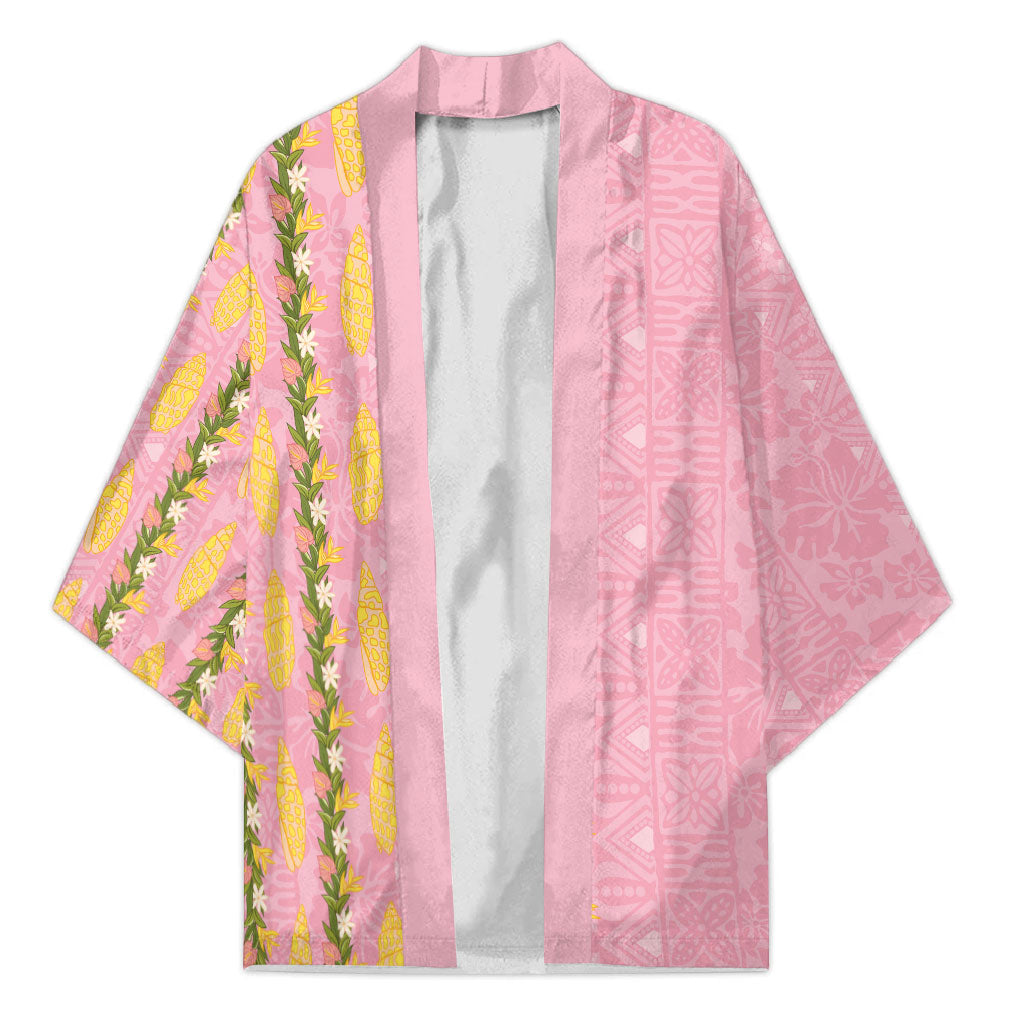 Hawaii Shell Tiare Anthurium Heliconia Lei Kimono With Tapa Pattern Baby Pink