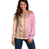 Hawaii Shell Tiare Anthurium Heliconia Lei Off Shoulder Sweater With Tapa Pattern Baby Pink