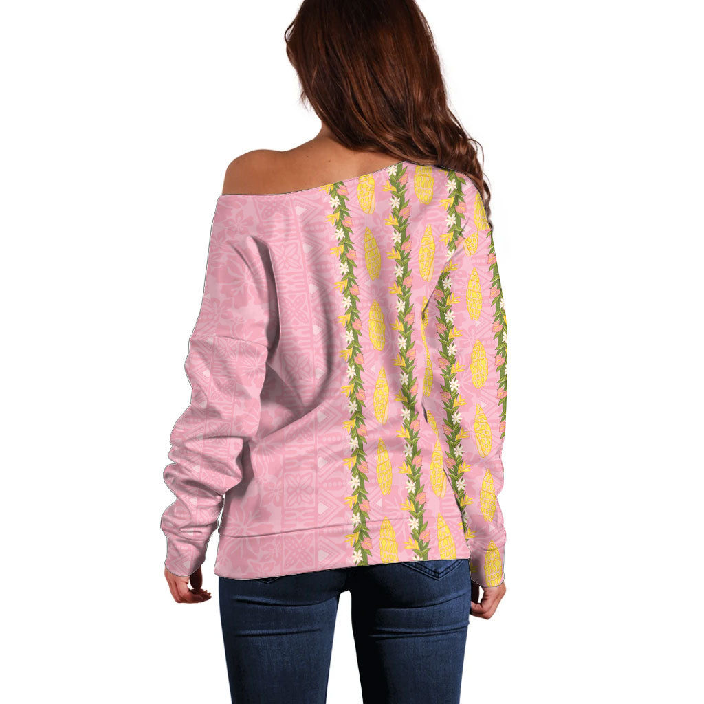 Hawaii Shell Tiare Anthurium Heliconia Lei Off Shoulder Sweater With Tapa Pattern Baby Pink