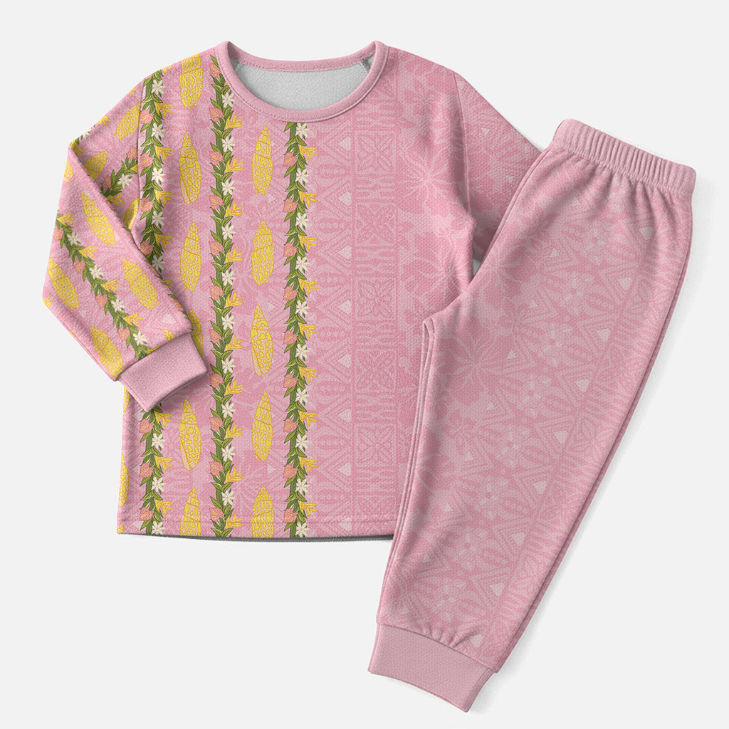 Hawaii Shell Tiare Anthurium Heliconia Lei Christmas Pajama Set With Tapa Pattern Baby Pink