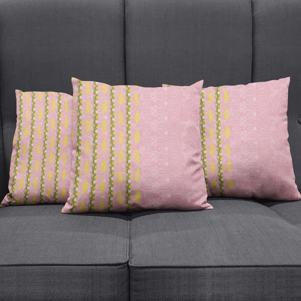 Hawaii Shell Tiare Anthurium Heliconia Lei Pillow Cover With Tapa Pattern Baby Pink