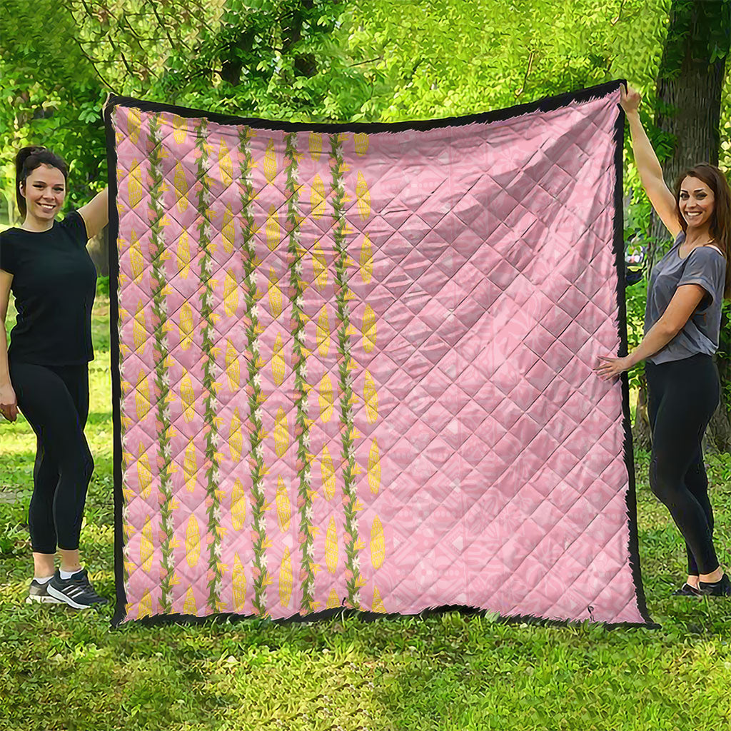 Hawaii Shell Tiare Anthurium Heliconia Lei Quilt With Tapa Pattern Baby Pink