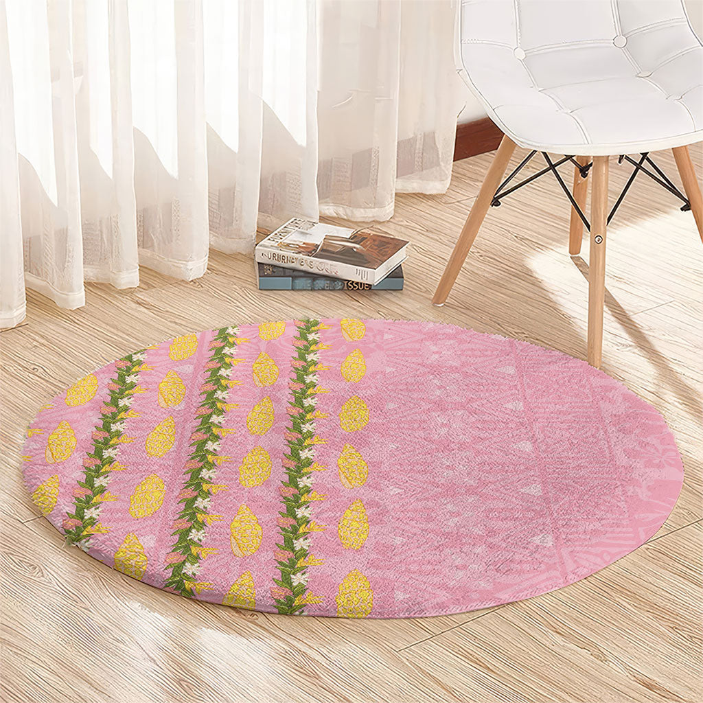 Hawaii Shell Tiare Anthurium Heliconia Lei Round Carpet With Tapa Pattern Baby Pink