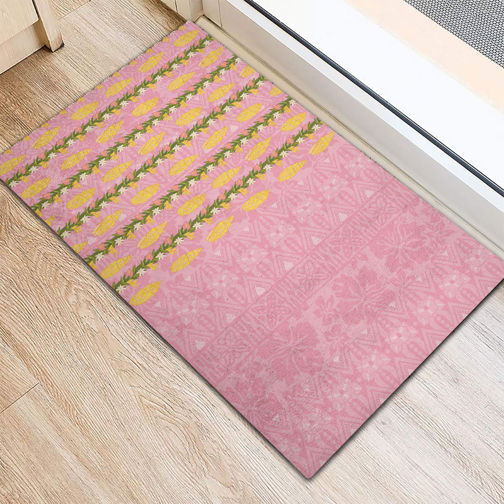 Hawaii Shell Tiare Anthurium Heliconia Lei Rubber Doormat With Tapa Pattern Baby Pink
