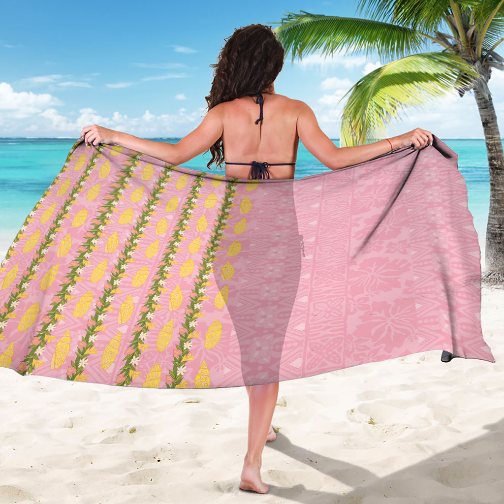 Hawaii Shell Tiare Anthurium Heliconia Lei Sarong With Tapa Pattern Baby Pink