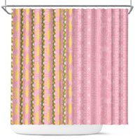 Hawaii Shell Tiare Anthurium Heliconia Lei Shower Curtain With Tapa Pattern Baby Pink