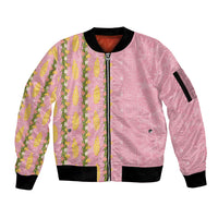 Hawaii Shell Tiare Anthurium Heliconia Lei Sleeve Zip Bomber Jacket With Tapa Pattern Baby Pink