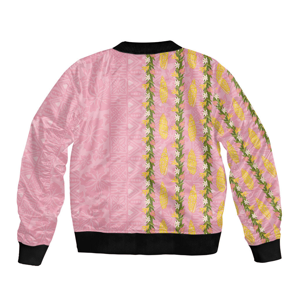 Hawaii Shell Tiare Anthurium Heliconia Lei Sleeve Zip Bomber Jacket With Tapa Pattern Baby Pink