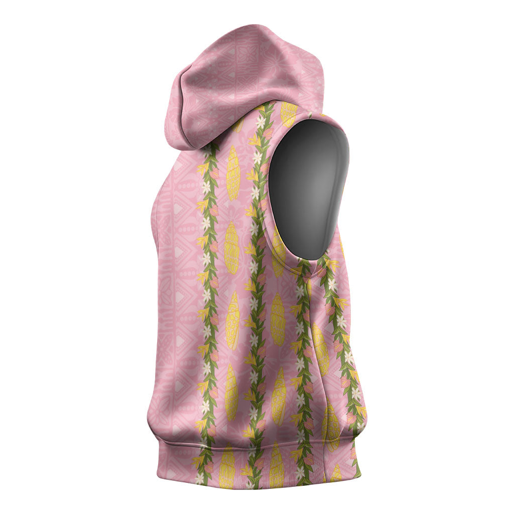Hawaii Shell Tiare Anthurium Heliconia Lei Sleeveless Hoodie With Tapa Pattern Baby Pink