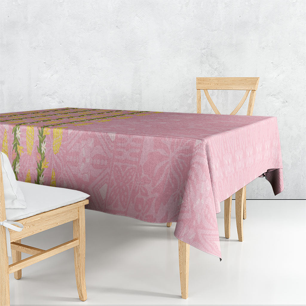 Hawaii Shell Tiare Anthurium Heliconia Lei Tablecloth With Tapa Pattern Baby Pink