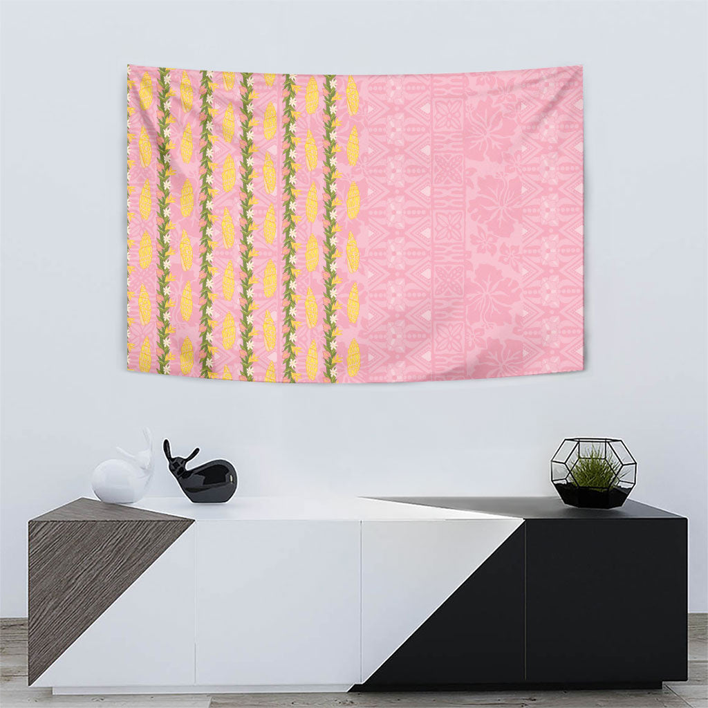 Hawaii Shell Tiare Anthurium Heliconia Lei Tapestry With Tapa Pattern Baby Pink