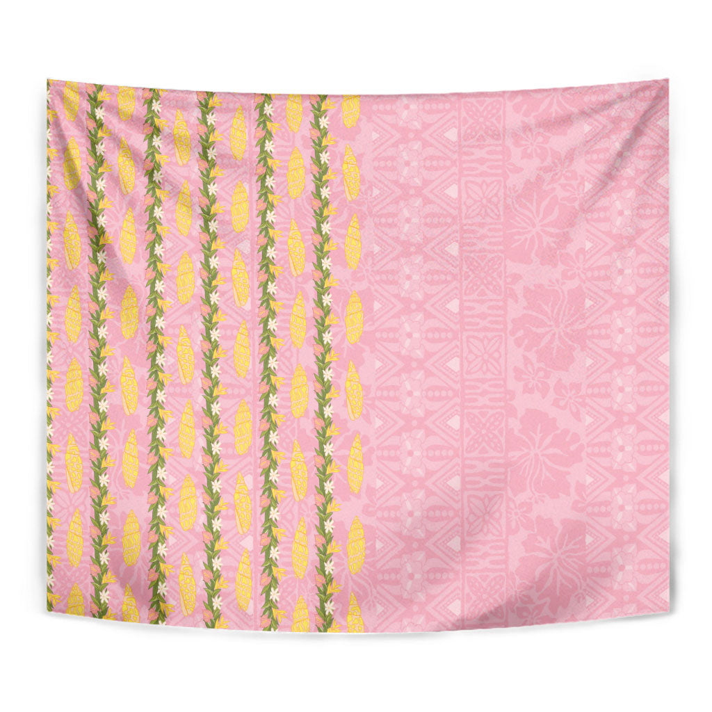 Hawaii Shell Tiare Anthurium Heliconia Lei Tapestry With Tapa Pattern Baby Pink