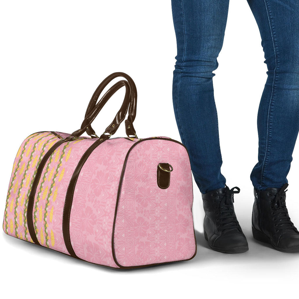 Hawaii Shell Tiare Anthurium Heliconia Lei Travel Bag With Tapa Pattern Baby Pink
