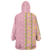 Hawaii Shell Tiare Anthurium Heliconia Lei Wearable Blanket Hoodie With Tapa Pattern Baby Pink