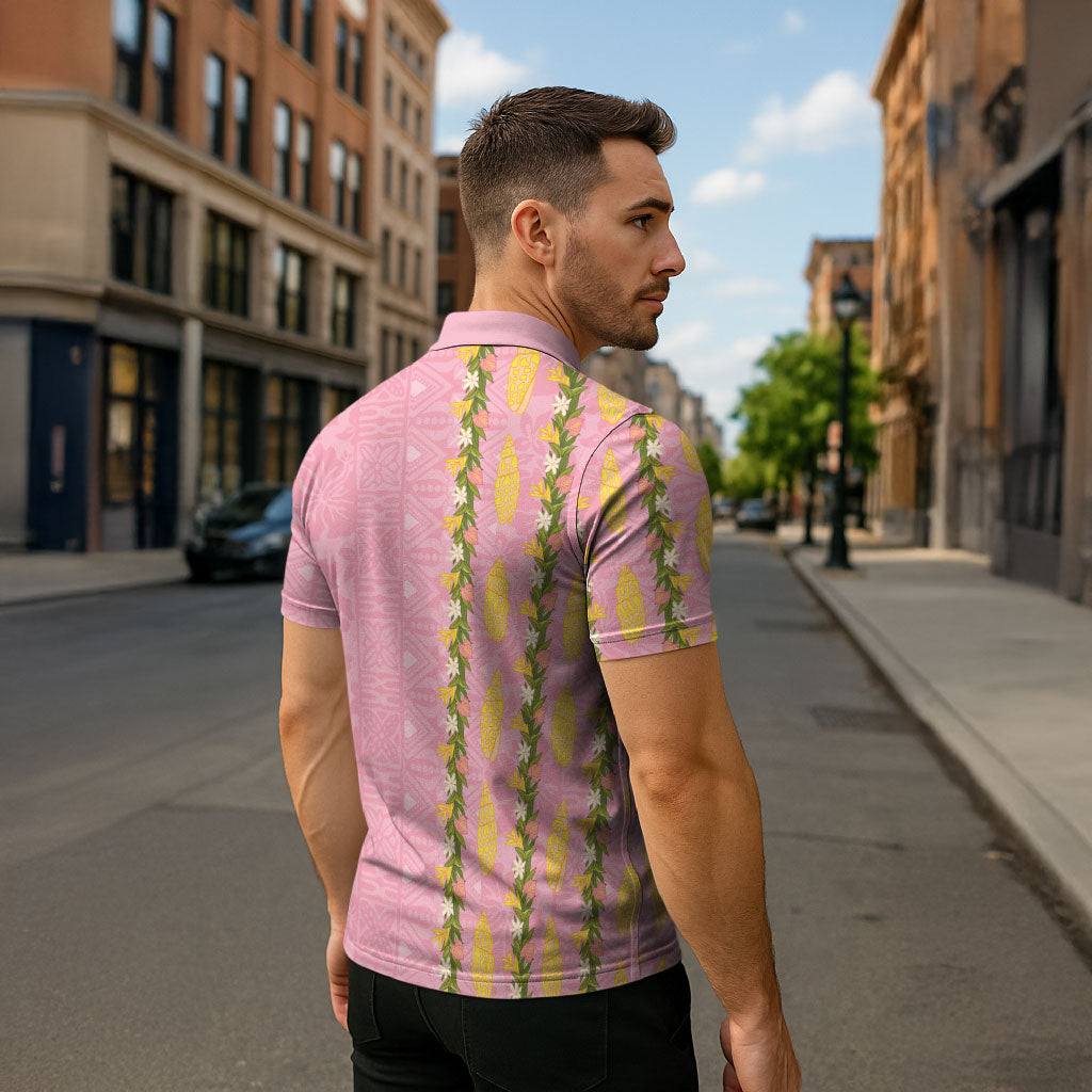 Hawaii Shell Tiare Anthurium Heliconia Lei Zipper Polo Shirt With Tapa Pattern Baby Pink