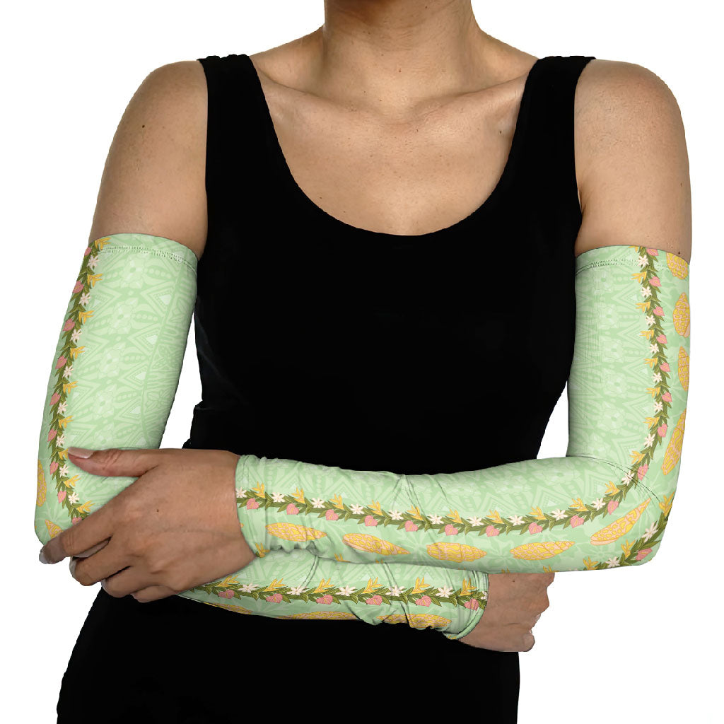 Hawaii Shell Tiare Anthurium Heliconia Lei Arm Sleeves With Tapa Pattern Baby Green