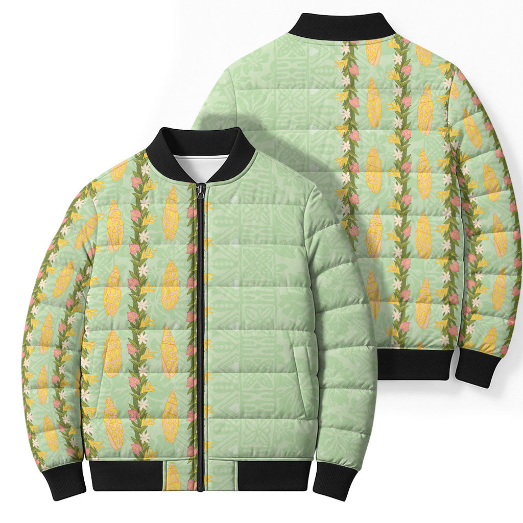 Hawaii Shell Tiare Anthurium Heliconia Lei Bomber Puffer Jacket With Tapa Pattern Baby Green