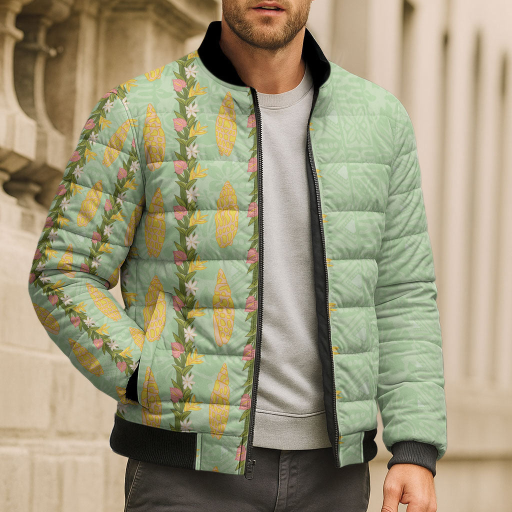 Hawaii Shell Tiare Anthurium Heliconia Lei Bomber Puffer Jacket With Tapa Pattern Baby Green