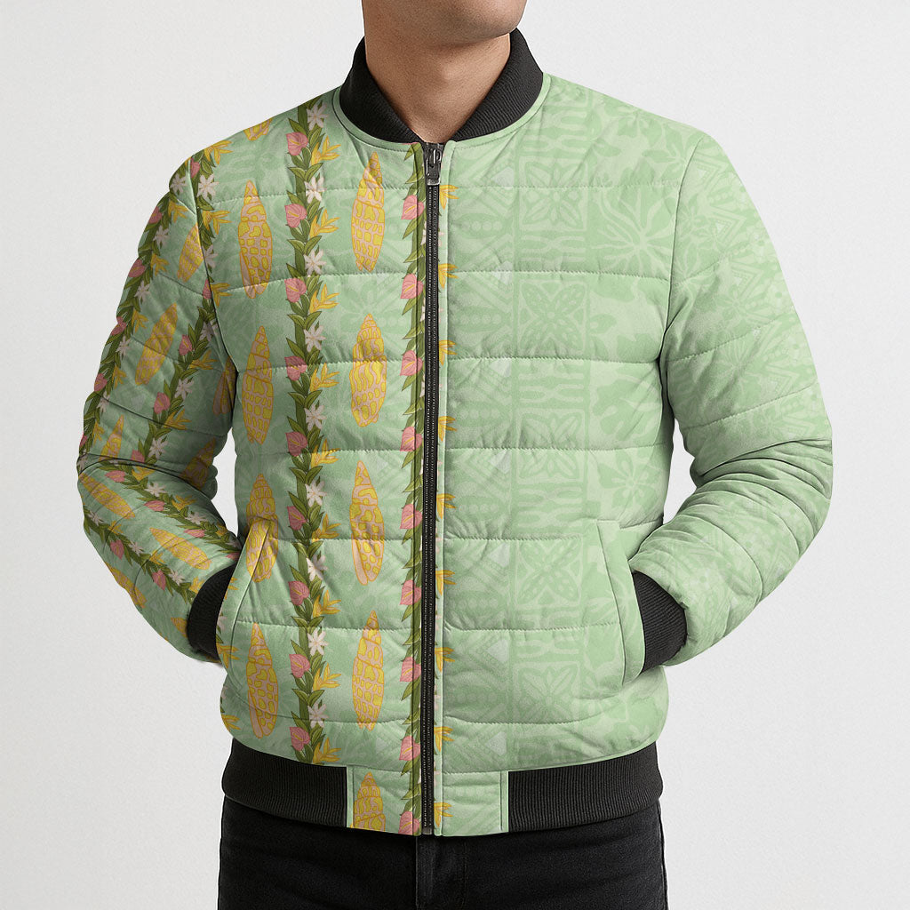 Hawaii Shell Tiare Anthurium Heliconia Lei Bomber Puffer Jacket With Tapa Pattern Baby Green