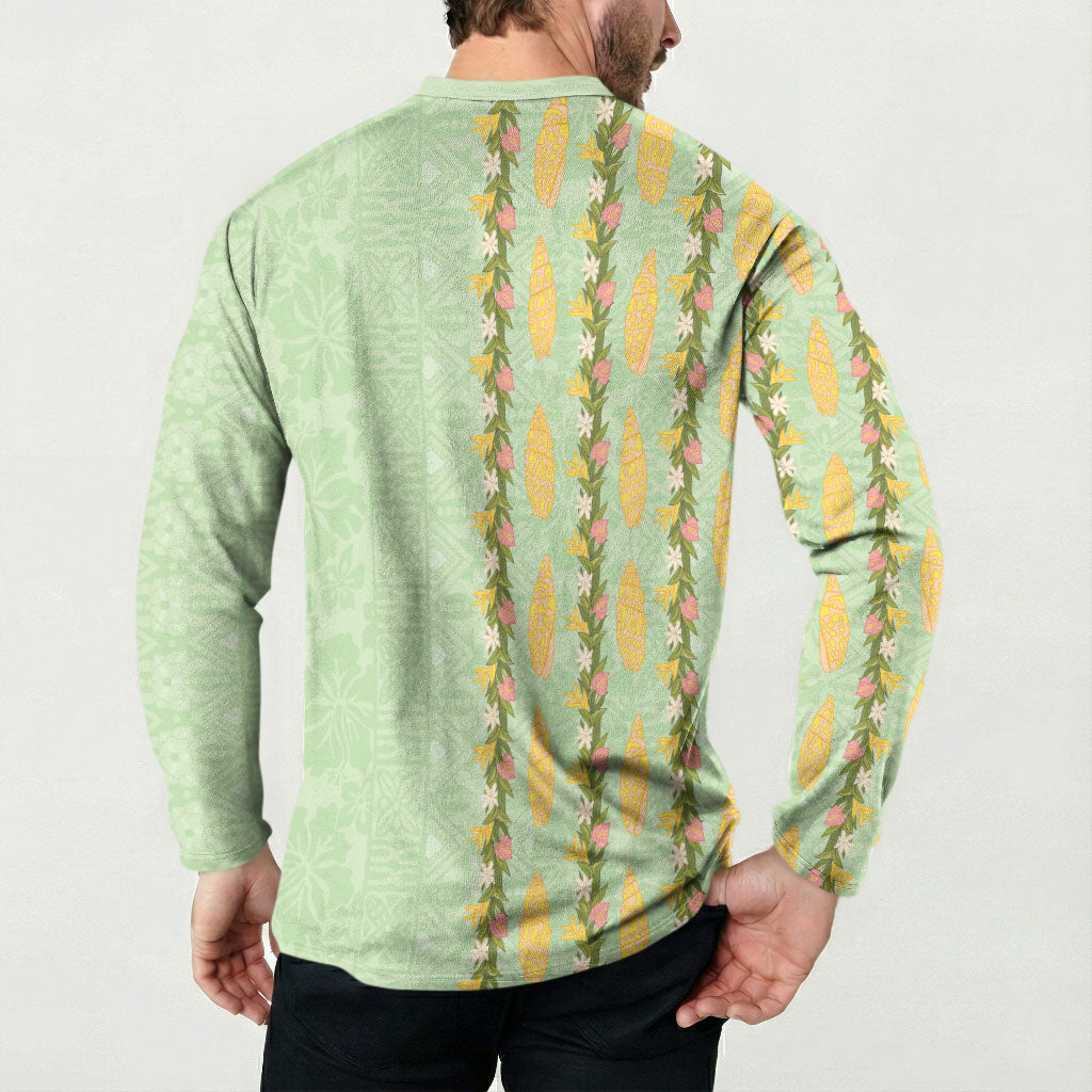 Hawaii Shell Tiare Anthurium Heliconia Lei Button Sweatshirt With Tapa Pattern Baby Green