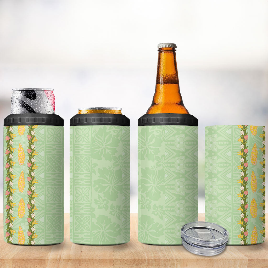 Hawaii Shell Tiare Anthurium Heliconia Lei 4 in 1 Can Cooler Tumbler With Tapa Pattern Baby Green
