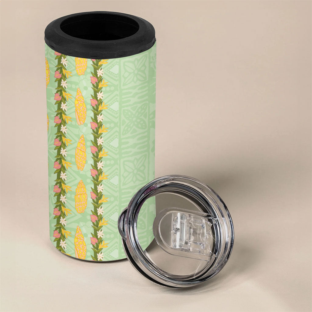 Hawaii Shell Tiare Anthurium Heliconia Lei 4 in 1 Can Cooler Tumbler With Tapa Pattern Baby Green