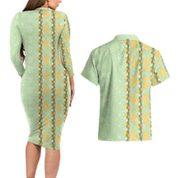 Hawaii Shell Tiare Anthurium Heliconia Lei Couples Matching Long Sleeve Bodycon Dress and Hawaiian Shirt With Tapa Pattern Baby Green