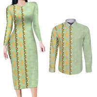 Hawaii Shell Tiare Anthurium Heliconia Lei Couples Matching Long Sleeve Bodycon Dress and Long Sleeve Button Shirt With Tapa Pattern Baby Green