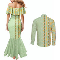 Hawaii Shell Tiare Anthurium Heliconia Lei Couples Matching Mermaid Dress and Long Sleeve Button Shirt With Tapa Pattern Baby Green