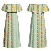 Hawaii Shell Tiare Anthurium Heliconia Lei Couples Matching Off Shoulder Maxi Dress and Long Sleeve Button Shirt With Tapa Pattern Baby Green LT05 - Polynesian Pride