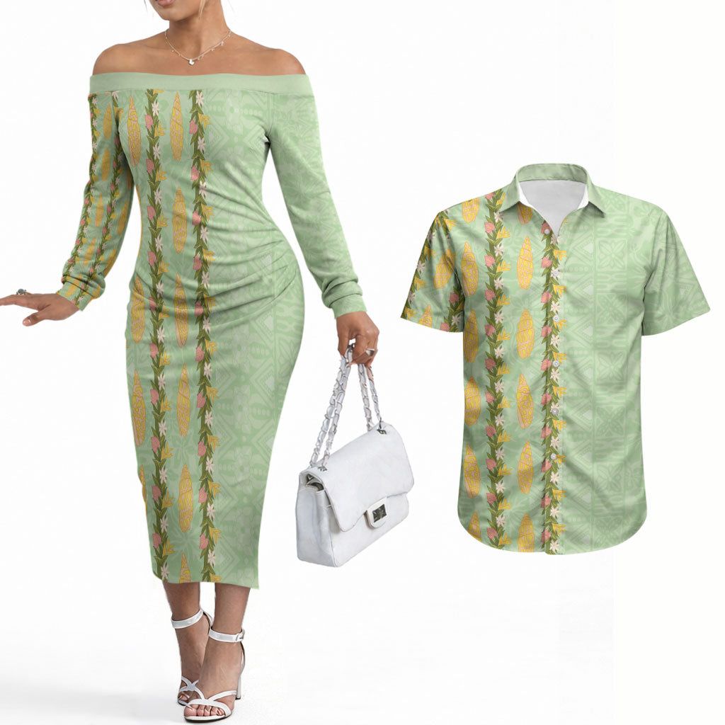 Hawaii Shell Tiare Anthurium Heliconia Lei Couples Matching Off The Shoulder Long Sleeve Dress and Hawaiian Shirt With Tapa Pattern Baby Green LT05 Green - Polynesian Pride