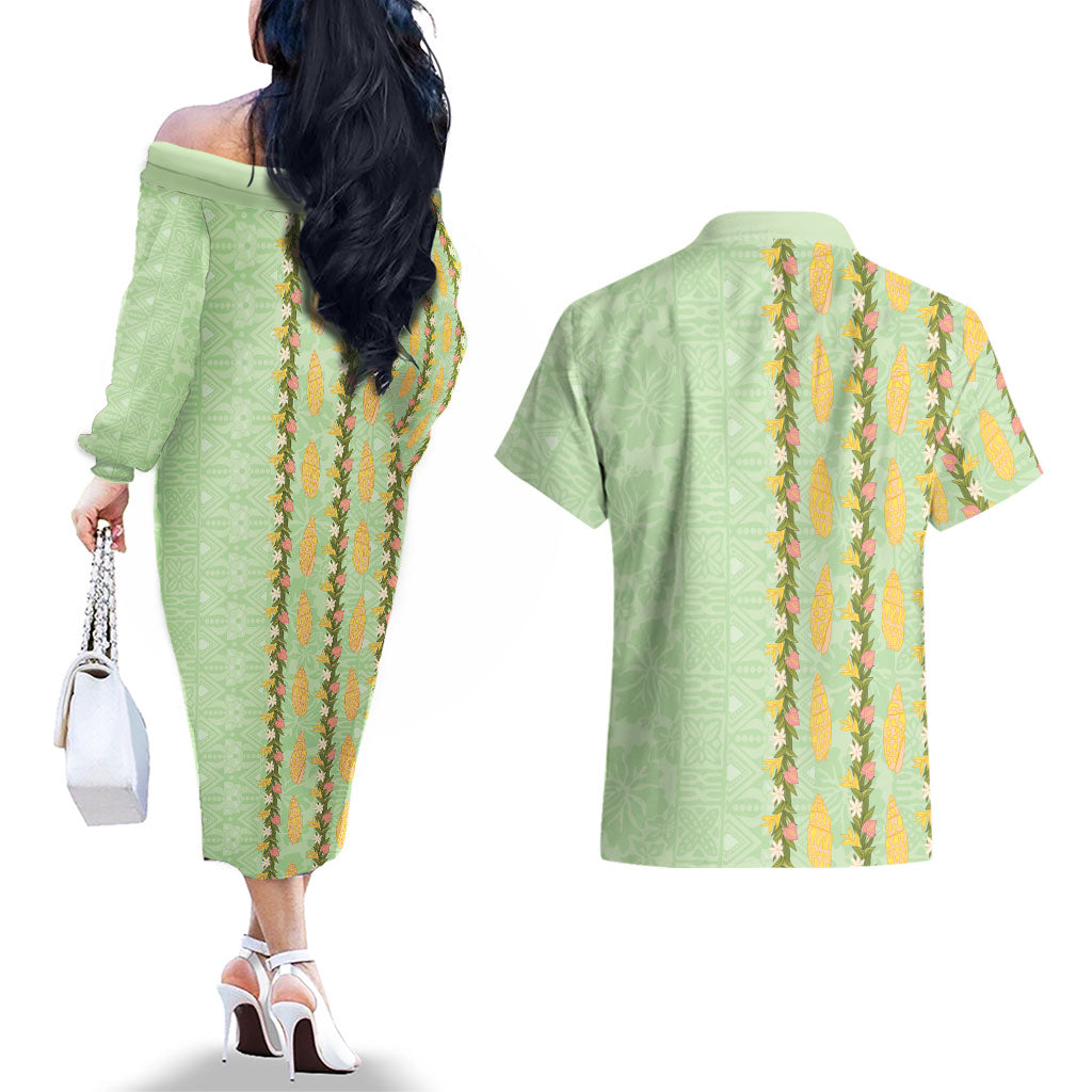 Hawaii Shell Tiare Anthurium Heliconia Lei Couples Matching Off The Shoulder Long Sleeve Dress and Hawaiian Shirt With Tapa Pattern Baby Green