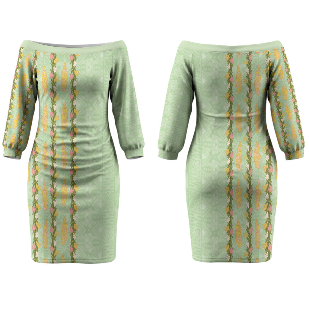 Hawaii Shell Tiare Anthurium Heliconia Lei Couples Matching Off The Shoulder Long Sleeve Dress and Long Sleeve Button Shirt With Tapa Pattern Baby Green LT05 - Polynesian Pride