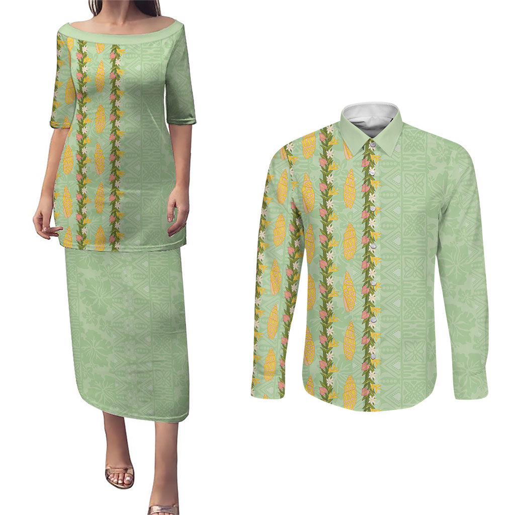Hawaii Shell Tiare Anthurium Heliconia Lei Couples Matching Puletasi and Long Sleeve Button Shirt With Tapa Pattern Baby Green
